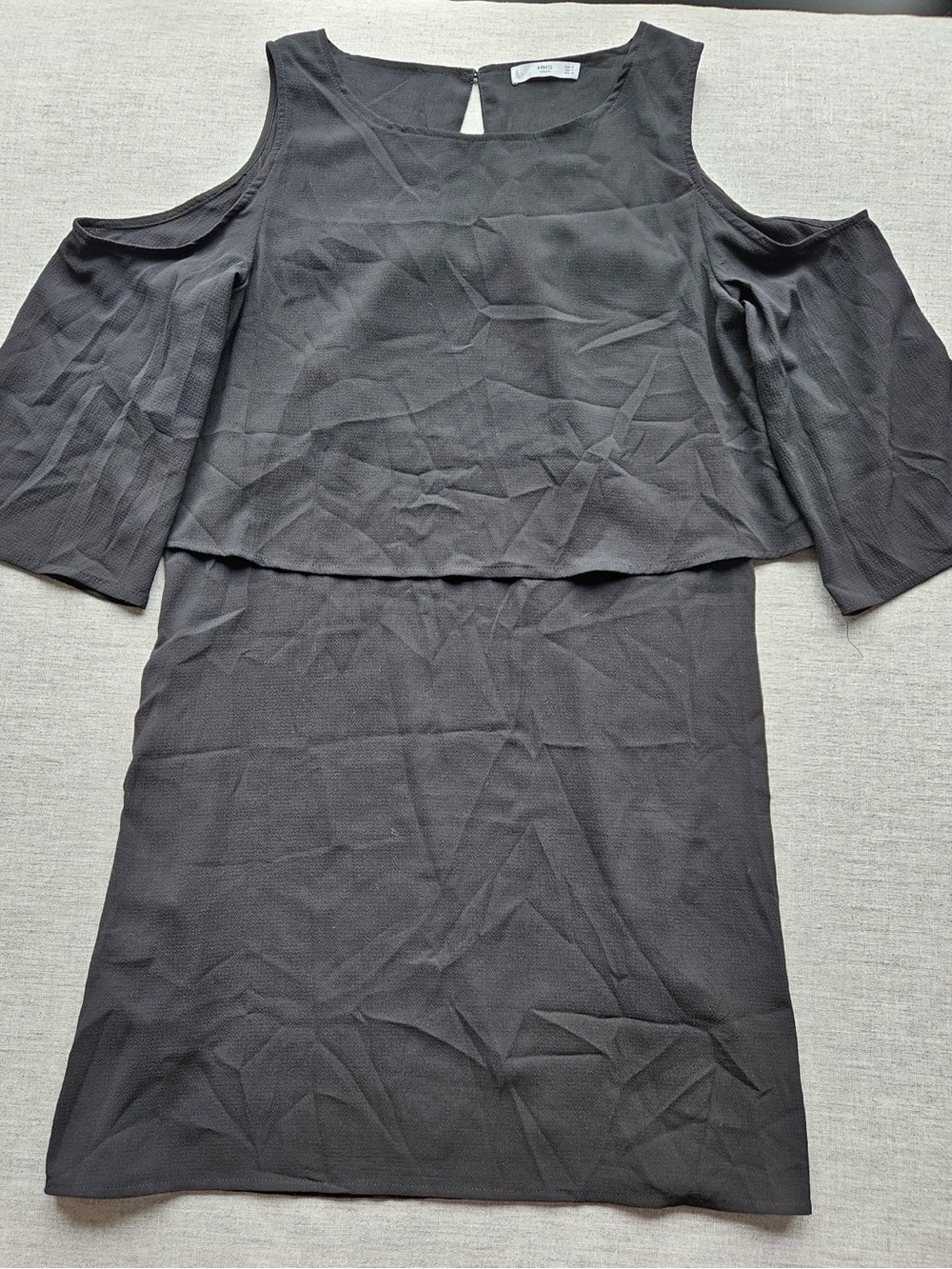 Mango Black Cold-Shoulder Layered Midi Dress